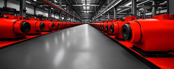 Poster - Industrial warehouse interior with rows of bright red machinery displayed