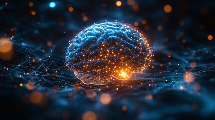 Fototapete - A futuristic brain, glowing softly with vibrant neural activity on the gradient blue background. 7