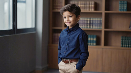 Poster - A young boy stands in front of a bookshelf, surrounded by books and possibly thinking about what to read