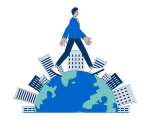 Poster - Worldwide global business doodle illustration concept. Corporate ambition. International indian businessman walking around world cartoon 2D character isolated on white. Hand drawn vector metaphor