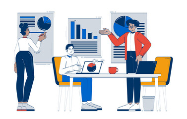 Poster - Diverse team analyzing business charts in office doodle cartoon illustration. Collaborative strategy. Analysts brainstorming 2D flat characters isolated on white. Doodleart hand-drawn drawing colorful