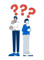 Poster - Looking for business solution doodle illustration concept. Corporate dilemma doubts. Thoughtful businesspeople question marks cartoon 2D characters isolated on white. Hand drawn vector metaphor
