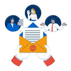 Poster - Business email communication doodle illustration concept. Office workers correspondence. Collaborative messaging online employees cartoon 2D characters isolated on white. Hand drawn vector metaphor
