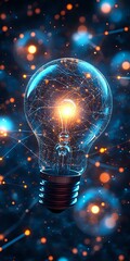 Poster - Glowing lightbulb with network connections and particles on dark background, illuminated in blue and orange colors creating futuristic atmosphere.