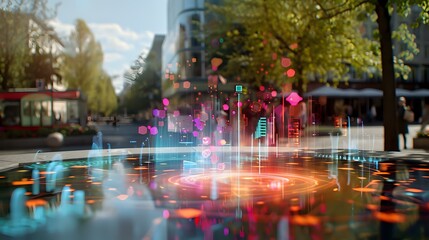 Poster - Futuristic cityscape reflection in puddle with glowing neon lights, digital art elements, and holographic technology visualization merging with urban environment.