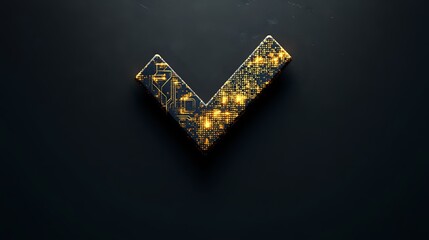Poster - Glowing golden checkmark symbol with circuit pattern texture on dark background, modern tech verification concept for digital and web design.