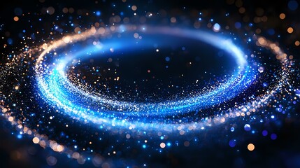 Poster - Glowing blue spiral ring with sparkling particles and light effects against dark background creates magical cosmic atmosphere for fantasy designs.