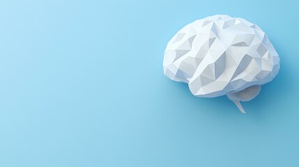 Poster - Low poly white brain model on light blue background with copy space, modern minimalist design concept for neuroscience and artificial intelligence.