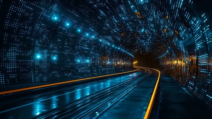 Poster - futuristic tunnel with glowing digital matrix pattern and curved road. blue technology lights create