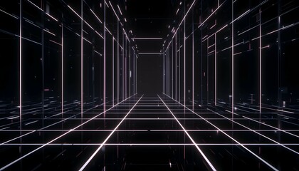 Poster - Navigating Abstract Perspective Glowing Lines in Dark Hallway Illustration
