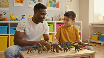 Poster - A man and a boy having fun with toy dinosaurs, perfect for a nostalgic or retro-themed scene