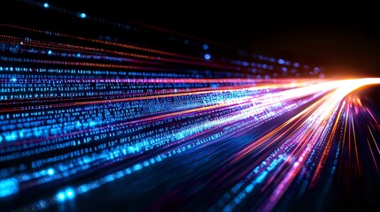 Poster - Abstract digital light trails with binary code stream in motion, glowing blue and red technology background with dynamic light effects and data flow.