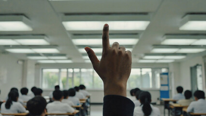 Poster - A student points out a concept on the blackboard in a classroom, suitable for educational or teaching purposes