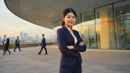 Poster - Professional woman standing outside office or corporate building