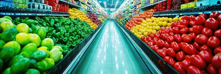 Aufkleber - Vibrant grocery store aisle displaying fresh fruits and vegetables in a modern grocery environment