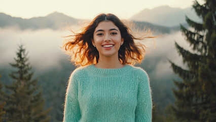 Poster - A woman stands in front of a mountain, wearing a green sweater