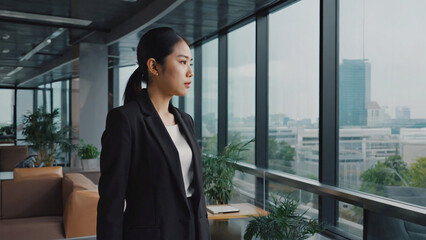Aufkleber - A professional woman gazes out of an office window, contemplating her work or day