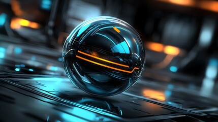Poster - A futuristic reflective sphere with luminous orange and blue lights