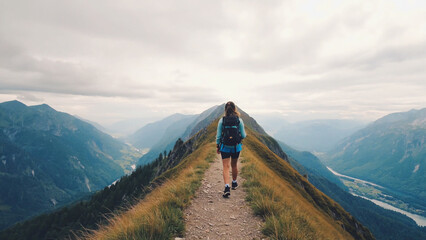 Poster - A woman hikes up a steep hill in the mountains, great for adventure or outdoor theme