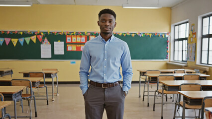 Poster - A man stands in front of a classroom filled with desks, ready for instruction