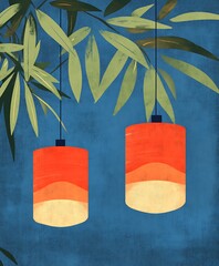 Poster - Two glowing lanterns hanging below green leaves against blue backdrop
