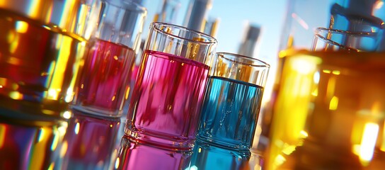 Poster - Colorful chemical liquids are contained within glass laboratory beakers perfectly