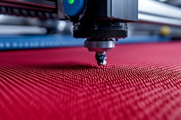 Poster - A machine precisely cutting into a red textured fabric surface
