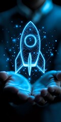 Poster - Glowing blue neon rocket hologram floating above open hands against dark background, with connected dots and lines forming constellation pattern.