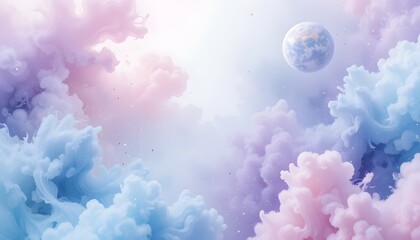 Poster - Floating Planet Surrounded by Pastel Clouds Dreamy Abstract Skyscape