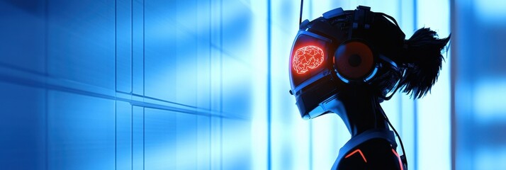 Poster - Pixelated Cyborg Silhouette with Glowing Red Eyes and Blue Futuristic Background Depicting Artificial Intelligence and Technological Advancement