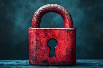 Poster - Weathered red padlock with keyhole against dark turquoise background, symbolizing security, protection and privacy concepts for business and technology designs.