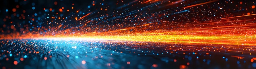 Poster - Abstract background with glowing orange and blue light particles streaming across dark surface creating dynamic motion effect and dramatic atmosphere.