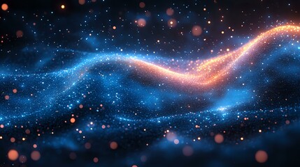 Poster - Cosmic energy wave glowing in deep space, magical blue and orange light trail with sparkles and particles against dark starry background.