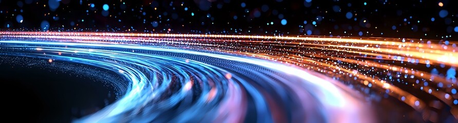 Poster - curved light trails creating dynamic motion effect against dark background with glowing particles an