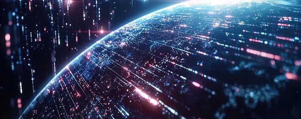 Poster - Earth with glowing network integrating wireless data grid concept. Futuristic digital landscape showcasing data streams from Earth.