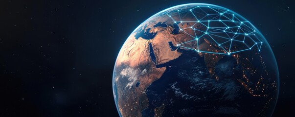 Poster - Earth with glowing network integrating wireless data grid concept. A digital representation of Earth with network connections.