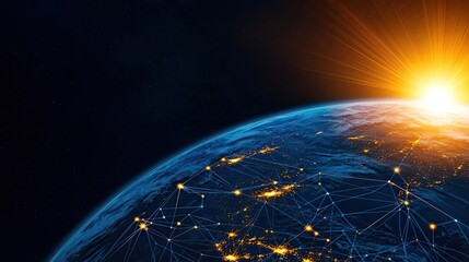 Poster - Earth with glowing network representing digital technology concept. Stunning view of Earth with sunrise and interconnected networks.