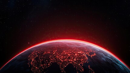Poster - Earth with glowing network representing digital technology concept. Red-lit globe showcasing global city lights from space.