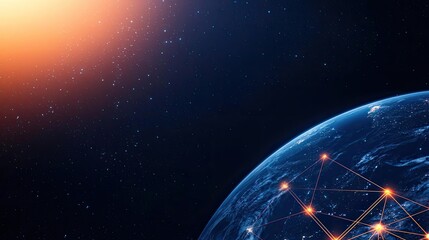 Poster - Earth with glowing network representing digital technology concept. A breathtaking view of Earth with sun and stars in the background.