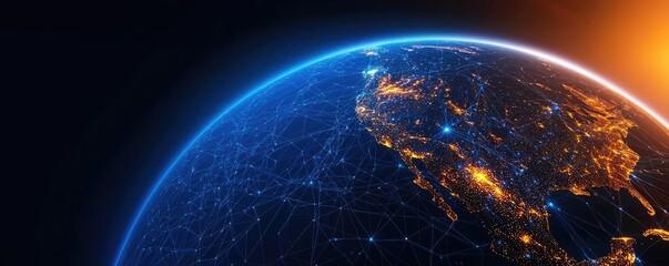 Poster - Earth with glowing network representing digital technology concept. Detailed view of Earth showcasing cities glowing at night.