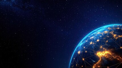 Poster - Earth with glowing network representing digital technology concept. A stunning view of Earth illuminated by network connections.