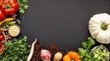 Fresh Vegetables and Herbs on Dark Background with Space for Text