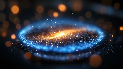 Poster - magical glowing spiral of blue and gold sparkles swirling in dark space with bokeh light effects cre