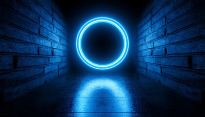 Wall Mural - dark stone room illuminated by glowing blue neon circle. 3d rendering, futuristic atmosphere.