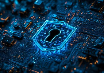 Poster - Glowing shield with keyhole icon on circuit board background in blue neon light represents cybersecurity and digital data protection concept.