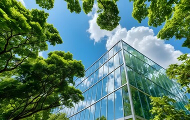Poster - Serene Canopy View Fresh Green Trees Against Sky. Peaceful Nature Scene Modern Architecture Reflection. Harmony Tranquility Connection Natural World Lush Foliage.