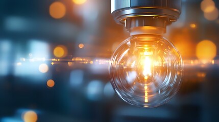 Poster - Glowing light bulb with warm orange illumination against blurred bokeh background creates atmospheric mood lighting effect for creative design projects.