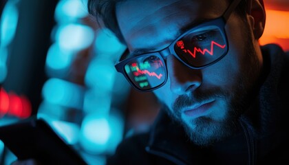 Poster - Contemplative Man in Glasses Reflecting Red Stock Market Decline with Blue and Red Lighting Holds Smartphone in Dark Environment