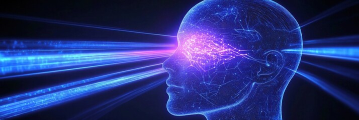 Fototapete - Glowing Head with Blue Light Beams Illustrating Artificial Intelligence and Neural Network Concept on Dark Background