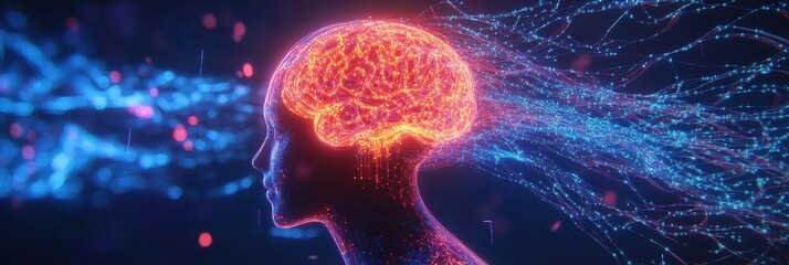 Poster - Glowing Orange Brain Connected to Blue Digital Network in Dark Background Representing Artificial Intelligence and Future Technology
